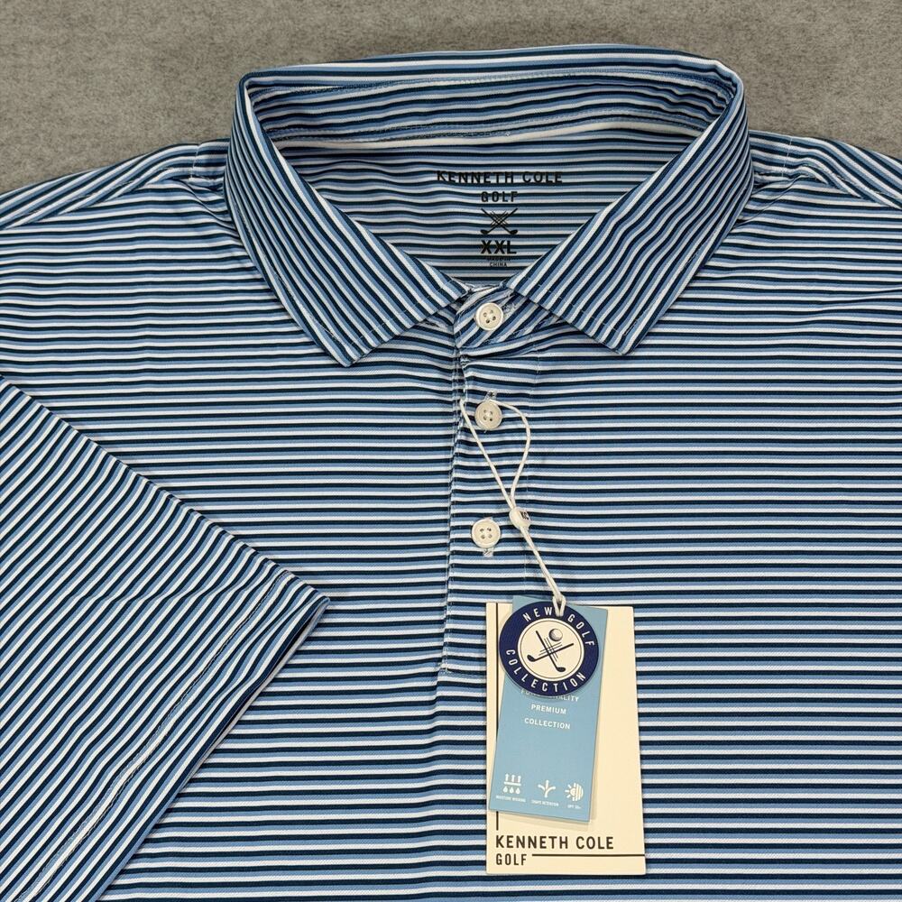 Kenneth Cole Golf Polo Shirt Mens XXL Blue Striped Moisture Wicking UPF 50+ NWT